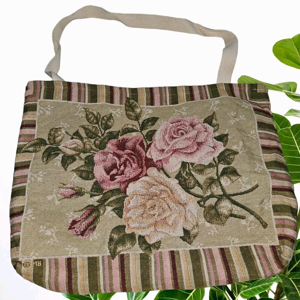 Mohawk Home Vintage Tapestry Tote Bag Floral Roses Double Straps Made In USA